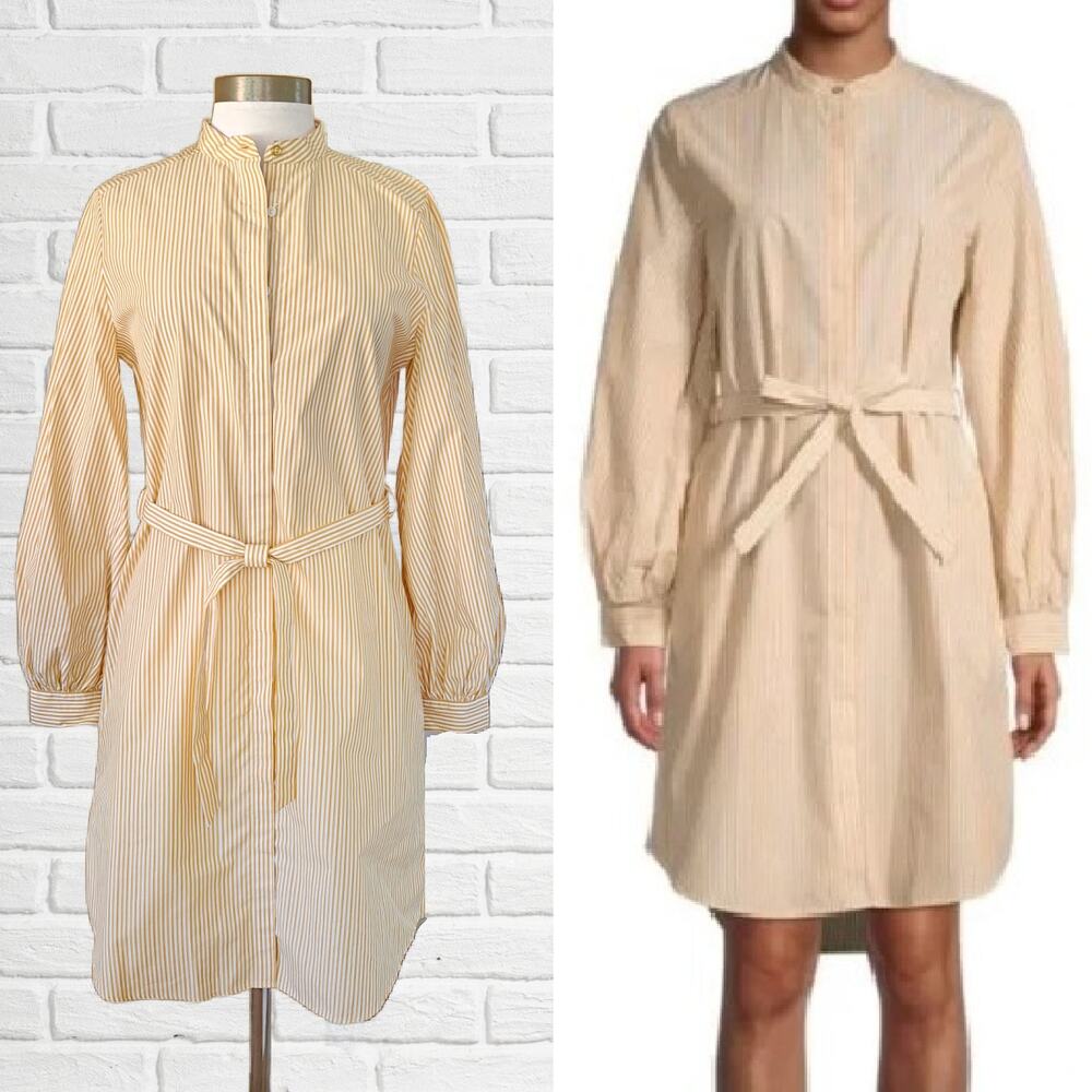 Calvin Klein Yellow Stripe Shirt Dress Size 4 Easy Fit Long Bishop Sleeve NWOT